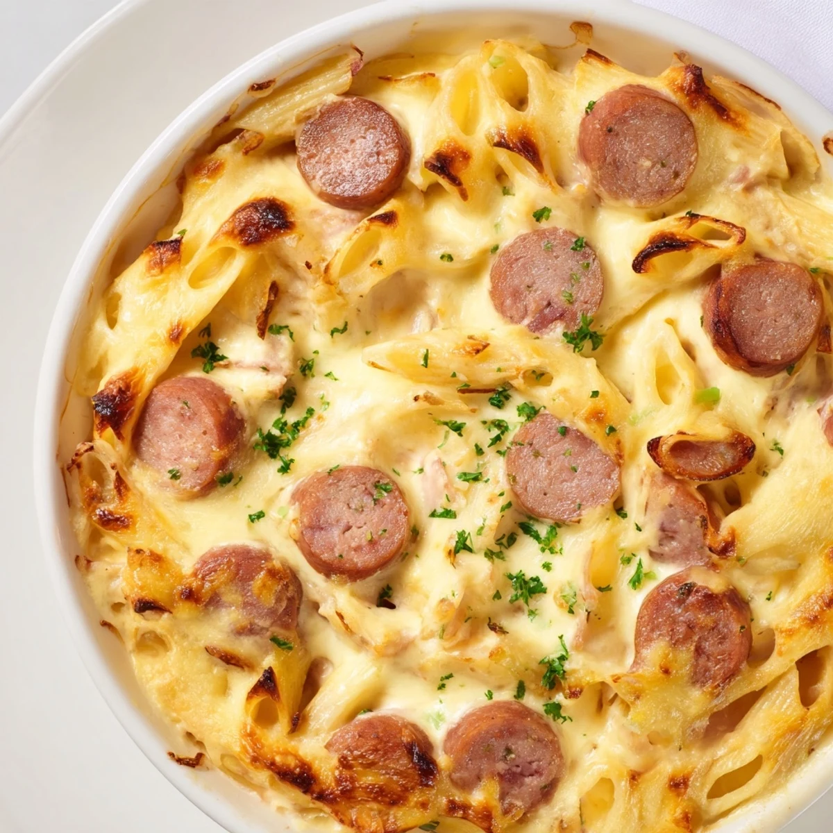 Golden, bubbly Smoked Sausage & Cheddar Pasta Bake, showcasing creamy cheese and hearty sausage.