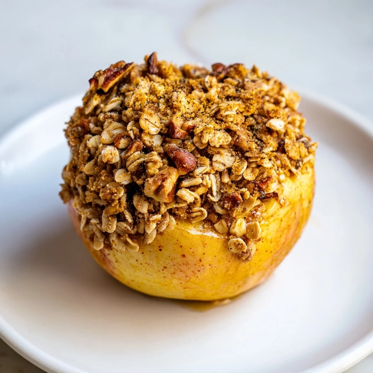 Close-up of baked Apples with Oat-Nut Crumble; the topping is crisp and wonderfully browned, and sweet apples.