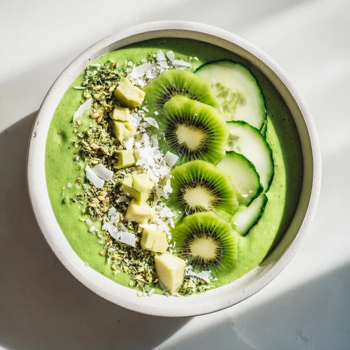 Creamy green smoothie bowl with kale, kiwi, avocado, ready for topping and serving in bowls.