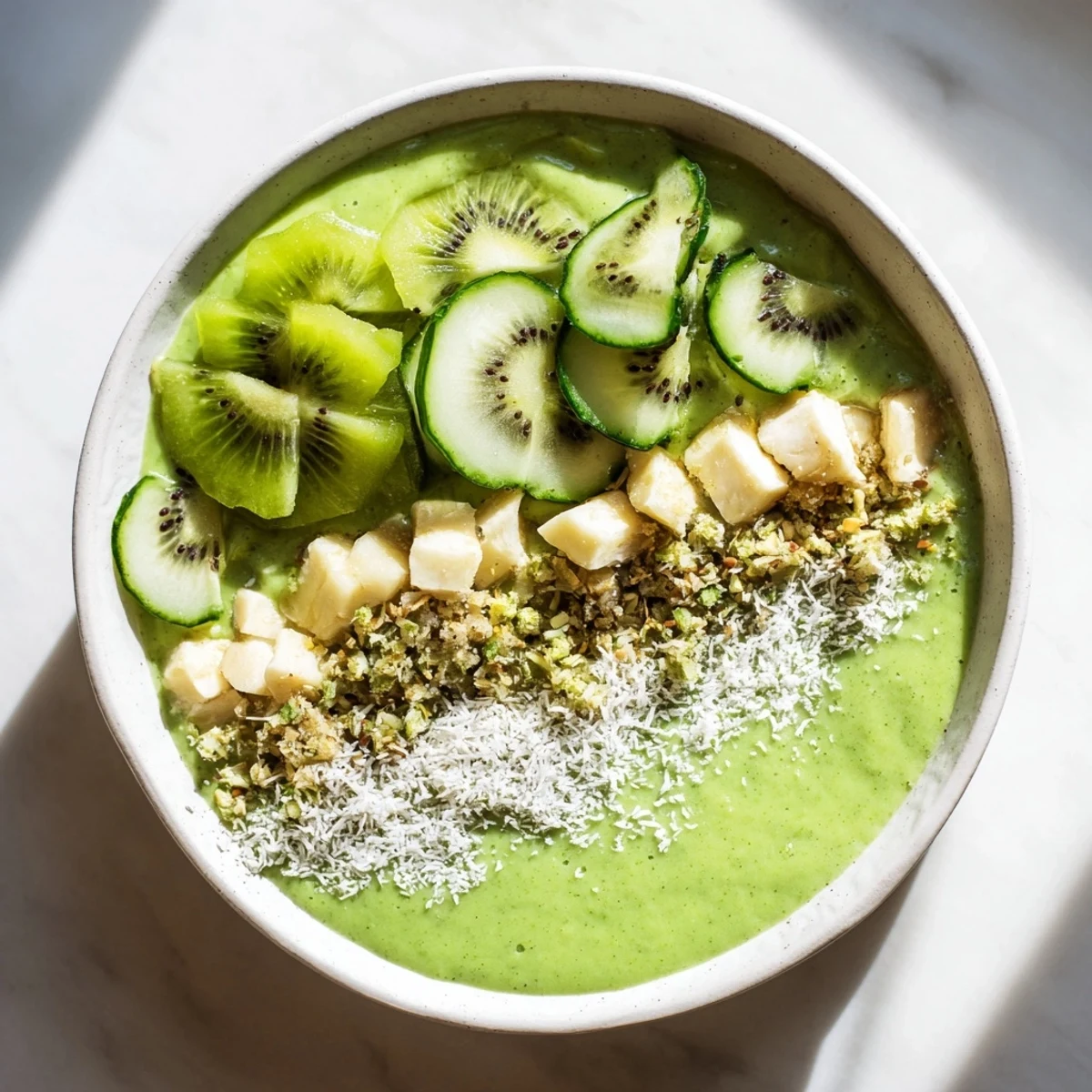 Freshly blended Green Smoothie Bowl; the vivid green hue indicates kale, avocado, and kiwi flavor.