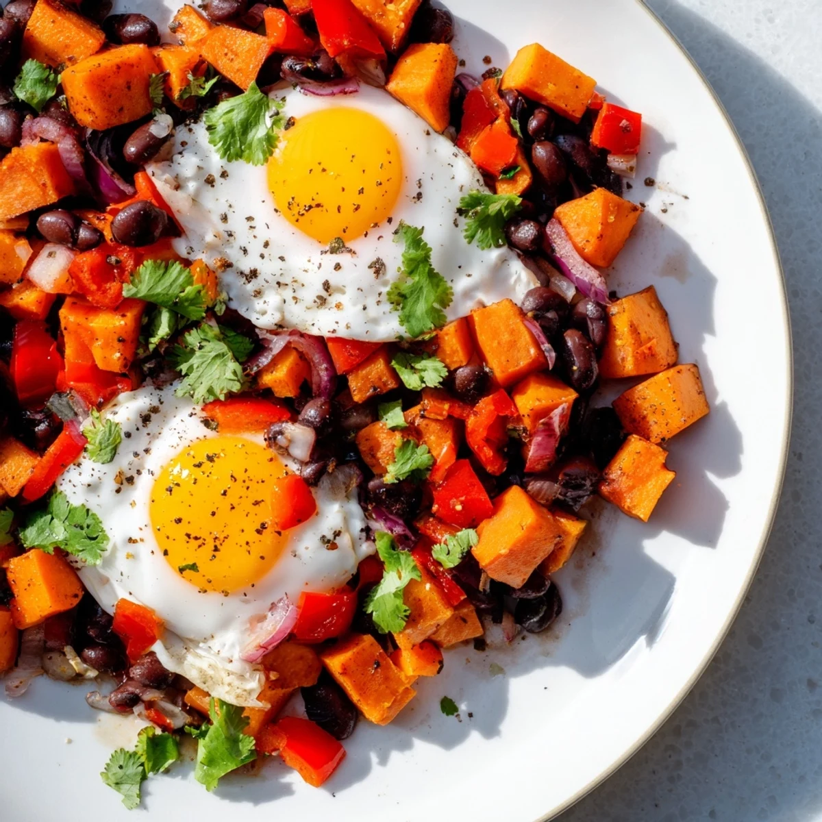 Steaming skillet of Sweet Potato & Black Bean Breakfast Hash topped with sunny-side-up eggs, ready to eat.