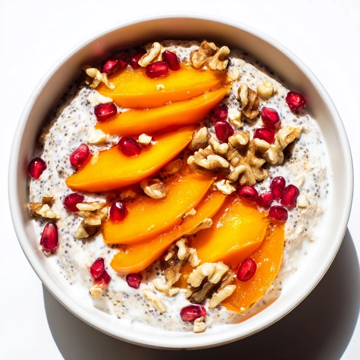 Bright photo of Overnight Oats with Persimmon, a creamy, layered breakfast with juicy pomegranate.