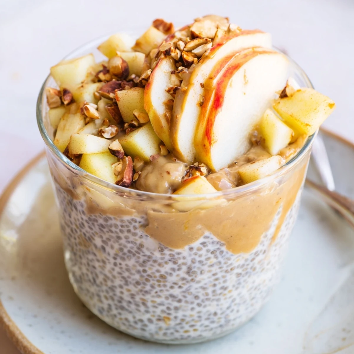 A layered Apple-Chia Pudding, showcasing a swirl of peanut butter and sweet apple chunks in a glass.