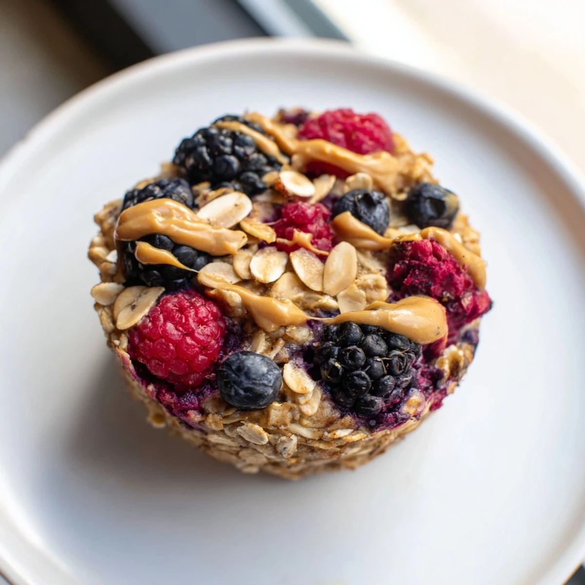 Golden-brown baked oatmeal cups with vibrant winter berries sitting ready for breakfast.