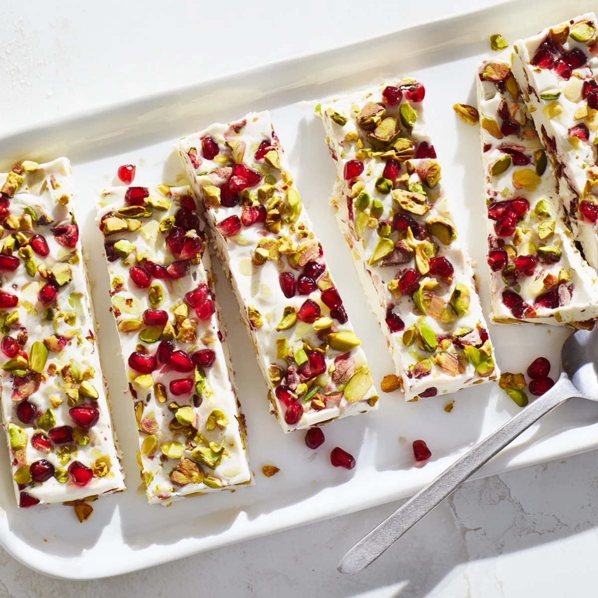 Vibrant Frozen Yogurt Bark with pomegranate seeds and pistachios, a cool and creamy dessert.