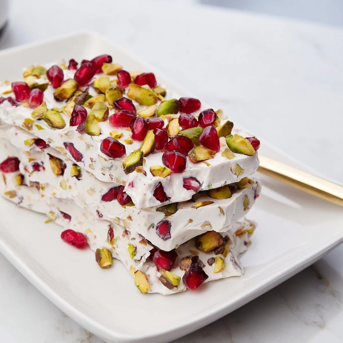 Homemade Frozen Yogurt Bark topped with ruby red pomegranate, ready for a healthy snack or dessert.