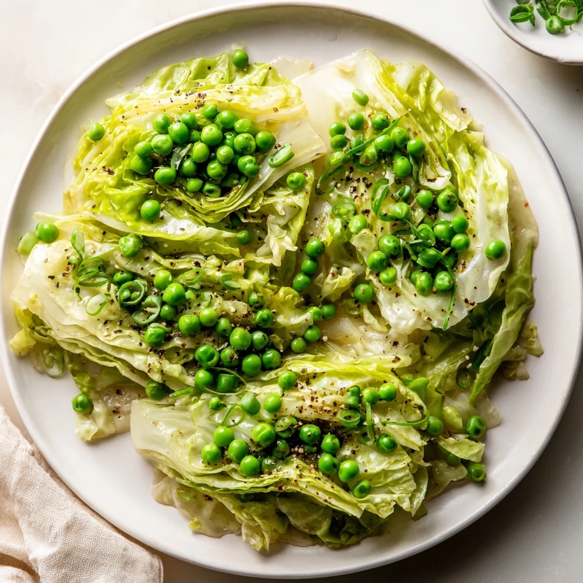 Vibrant image of a freshly made cabbage stir-fry; a quick and easy recipe with garlic and soy.