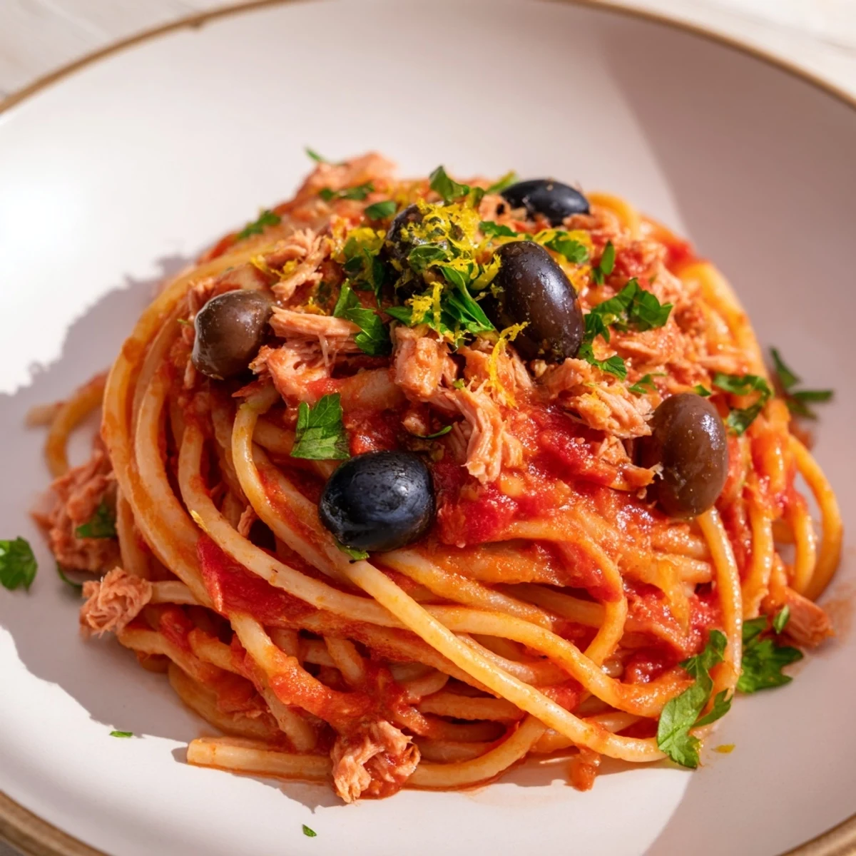 Pasta with Tuna, Olives & Capers: Warm, savory sauce coats the pasta, garnished with fresh parsley.