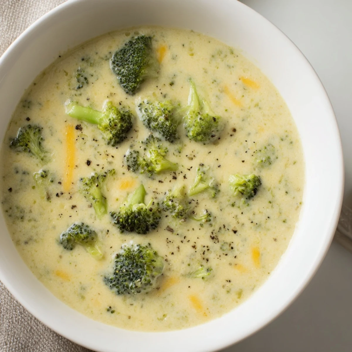 Close-up of a rich and velvety Broccoli Cheese Soup, perfect for a cozy dinner.