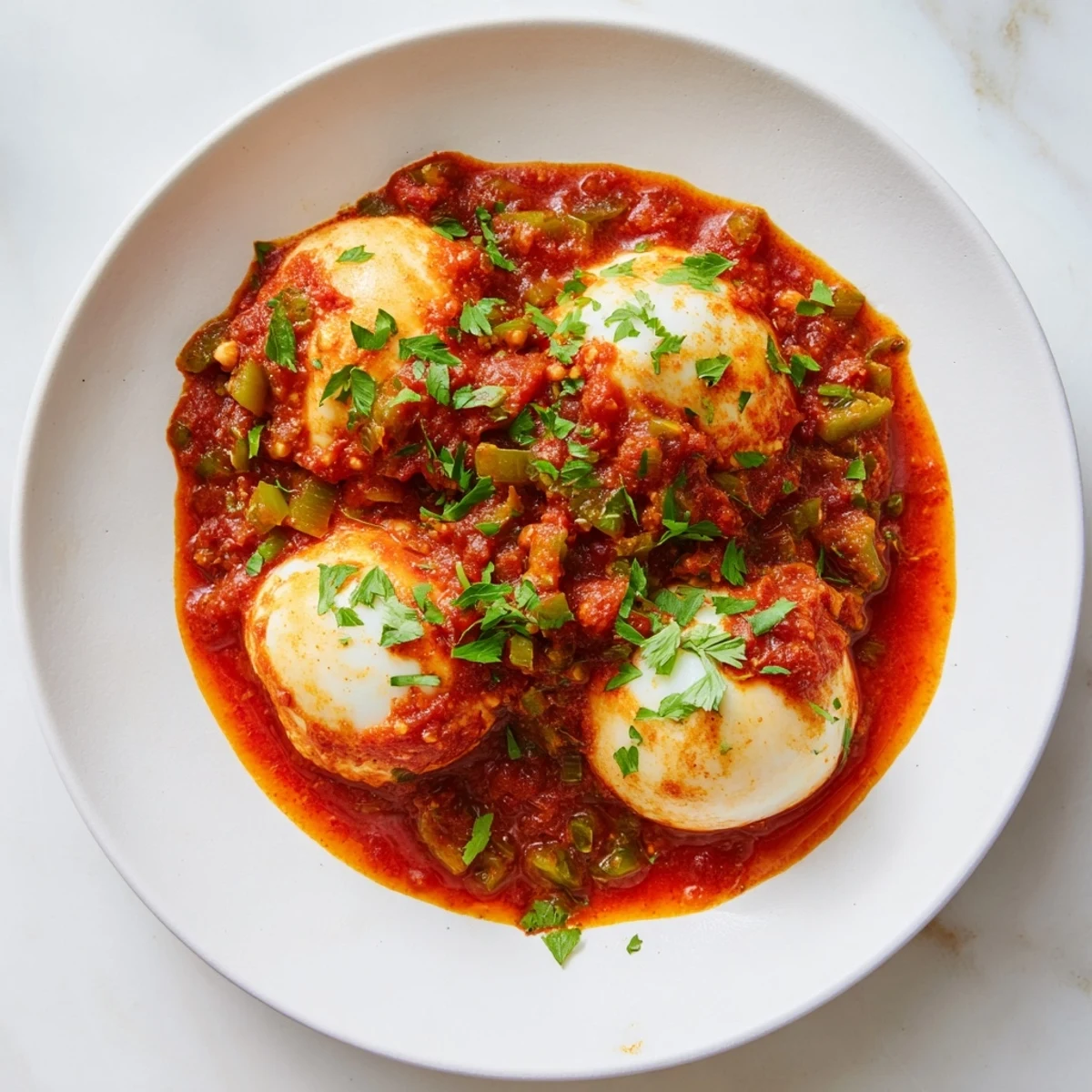 Steaming Shakshuka with bright red tomato sauce and perfectly poached eggs ready to serve.