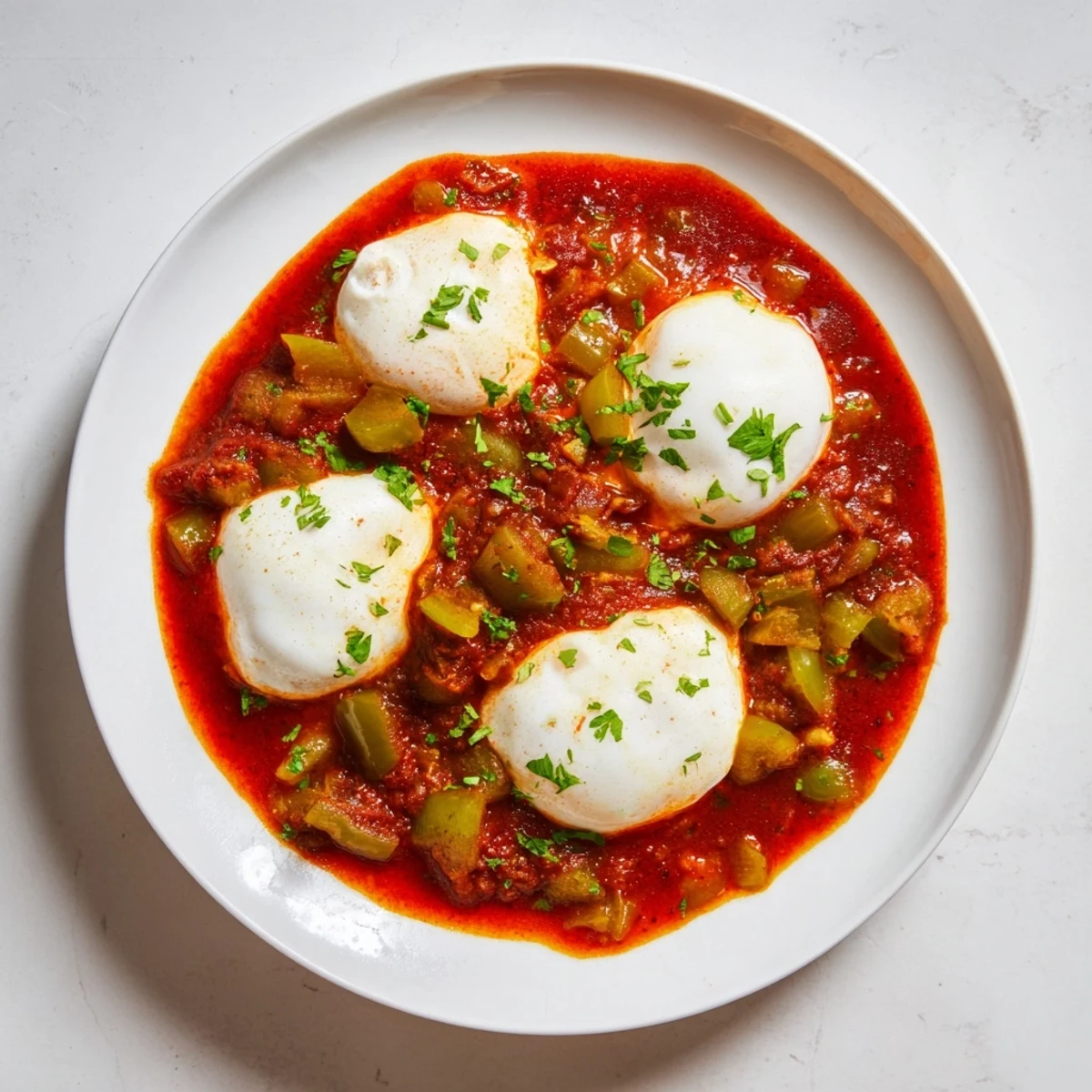 A close-up of Shakshuka, showing runny yolks and a fragrant, spicy tomato and pepper base.