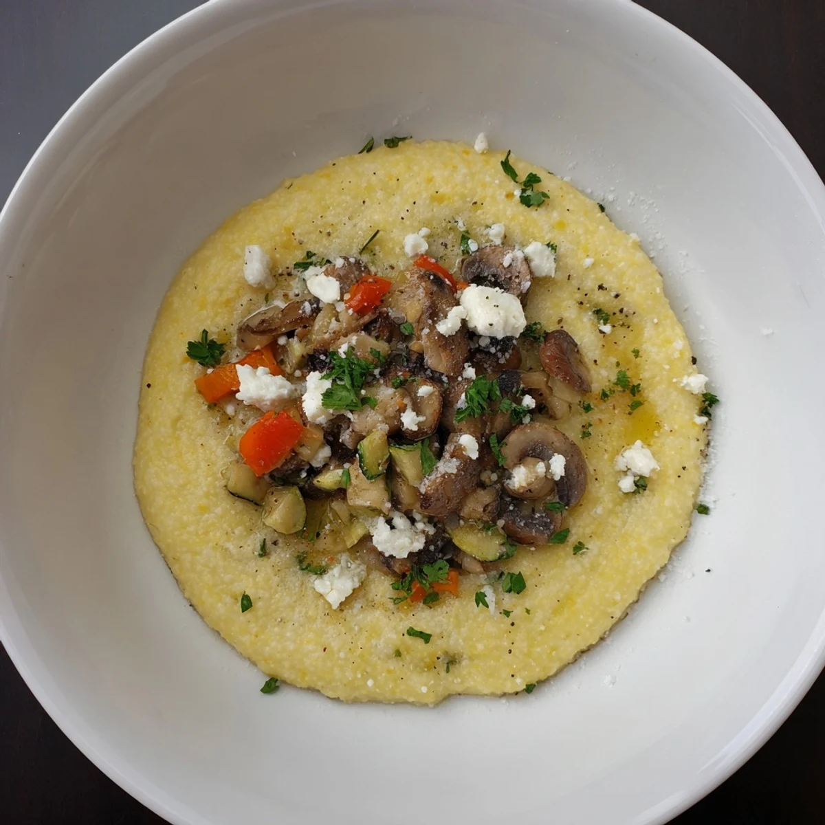 Creamy Cornmeal Mush Polenta Bowls with roasted vegetables and a drizzle of olive oil, so delicious.