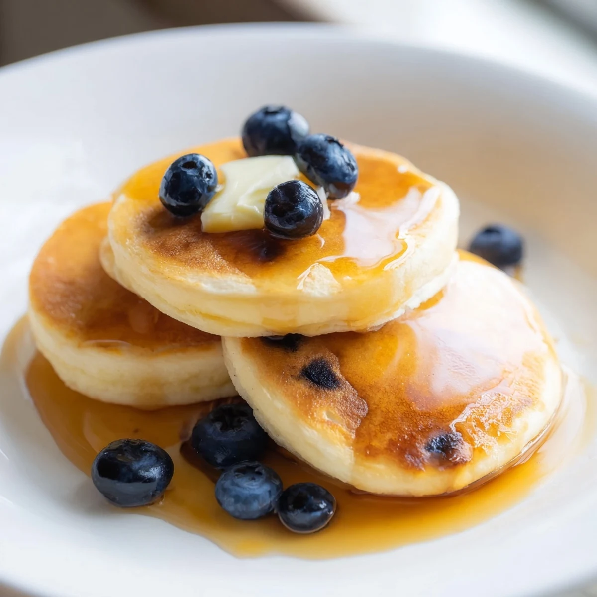 Warm, golden-brown Pancake Cereal in a bowl, drizzled with maple syrup for breakfast.