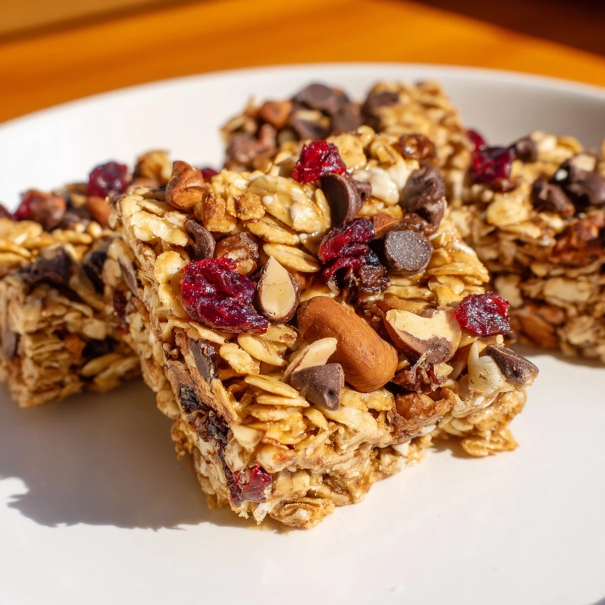 Golden-brown homemade granola bars, chewy and packed with oats, perfect for a grab-and-go snack.