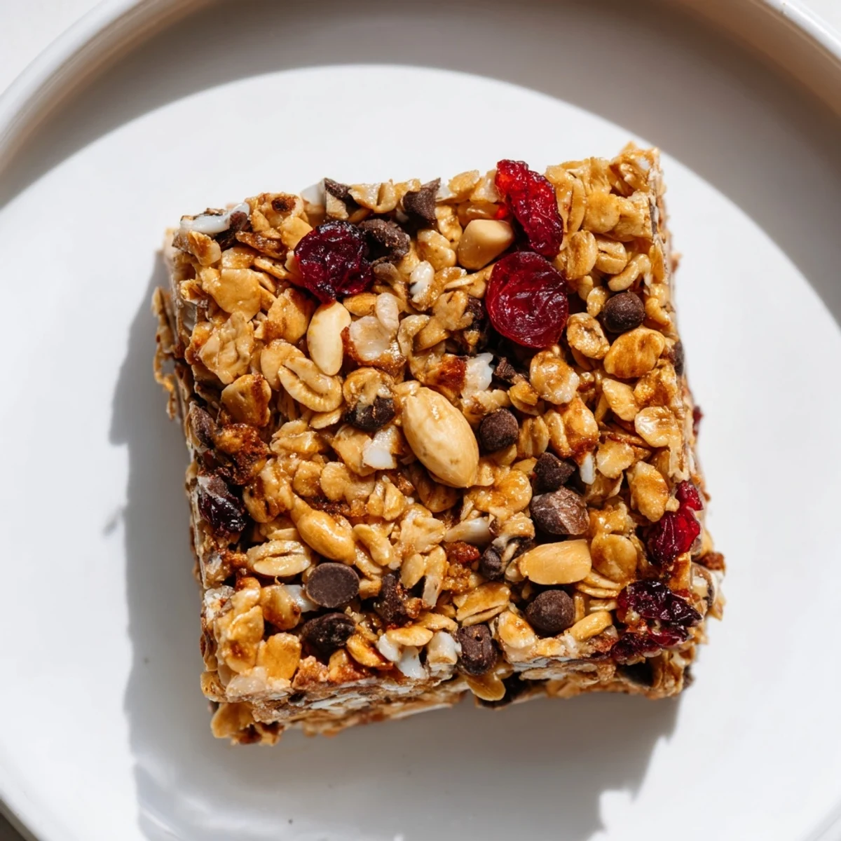 These homemade granola bars show a delicious mix of nuts and dried fruit, ready to be enjoyed.