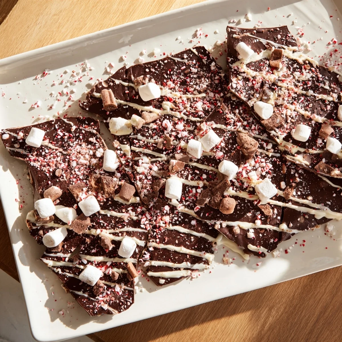 Golden-brown Hot Chocolate Bomb Bark, speckled with marshmallows and cocoa mix—a delicious holiday treat.
