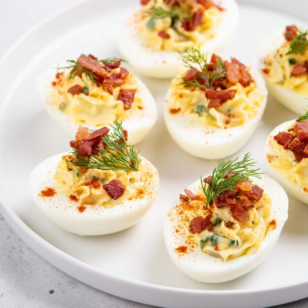 Loaded deviled eggs, topped with smoked paprika and bacon, a delicious party appetizer.