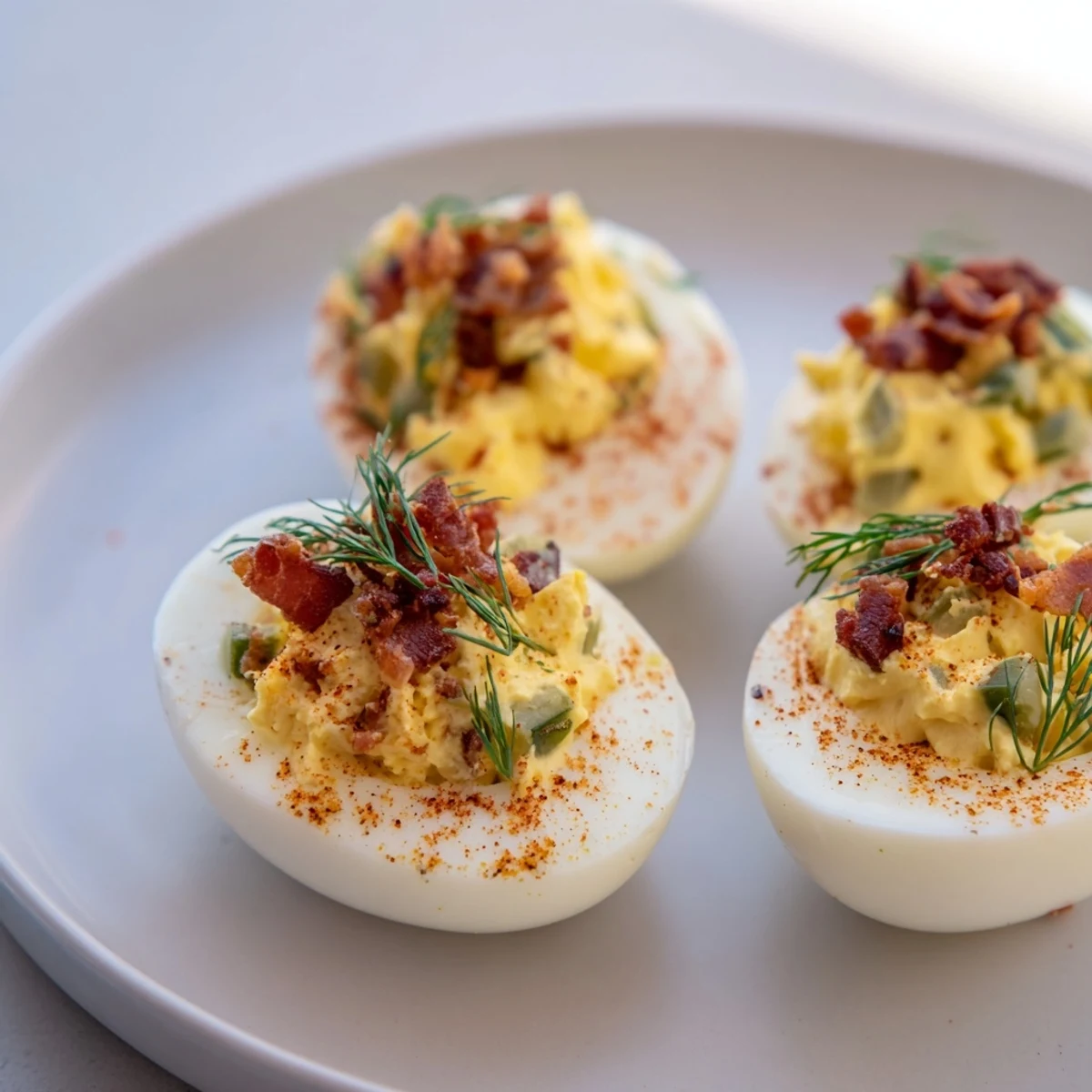 Creamy loaded deviled eggs, featuring crunchy bacon crumbles and fresh dill, ready to serve.