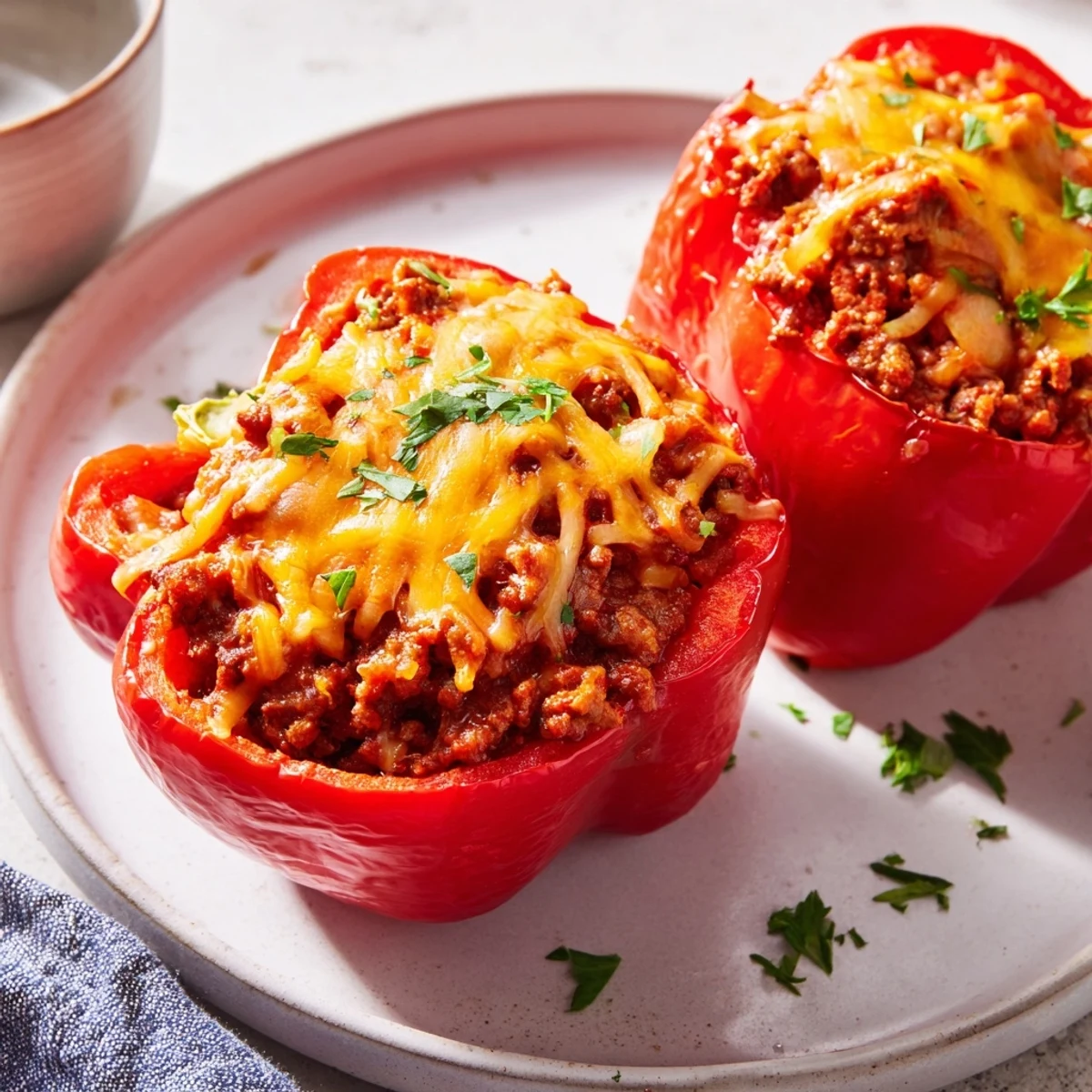 Steaming Sloppy Joe Stuffed Peppers overflowing with savory beef and a rich, tangy sauce for dinner.
