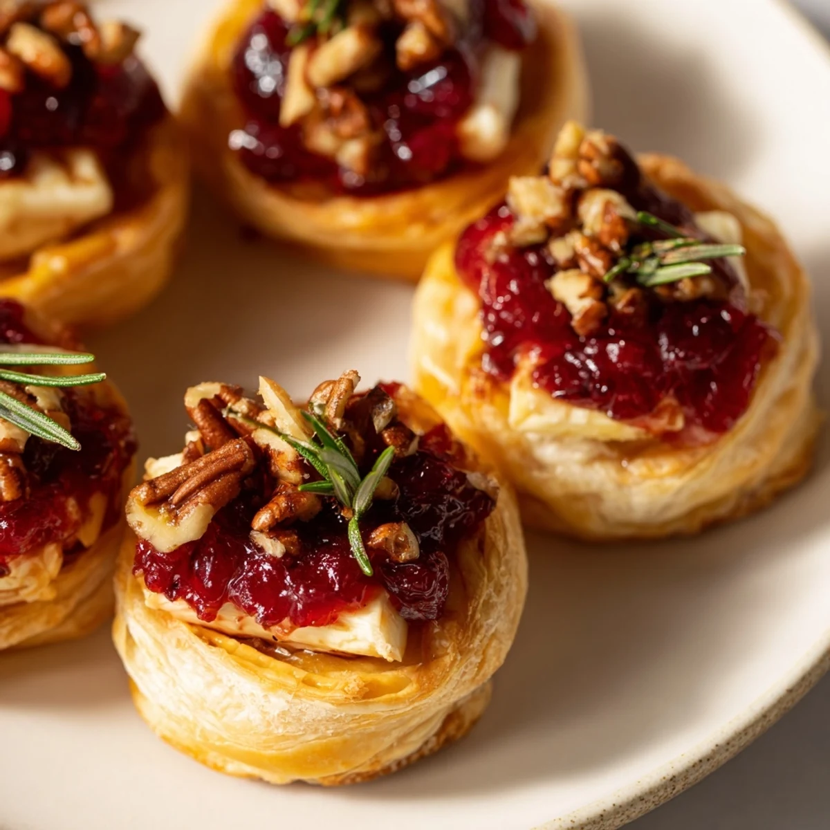 Homemade Quick Cranberry Brie Bites: a close-up shows melted Brie, tart cranberry, and toasted pastry.