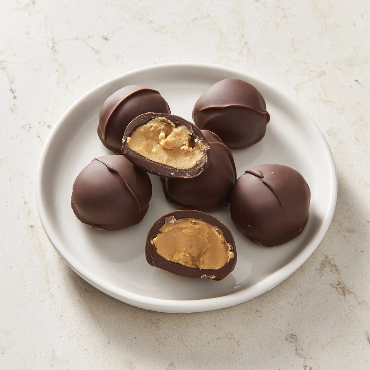 Golden, creamy peanut butter buckeyes, partially dipped, ready to enjoy as a sweet dessert.