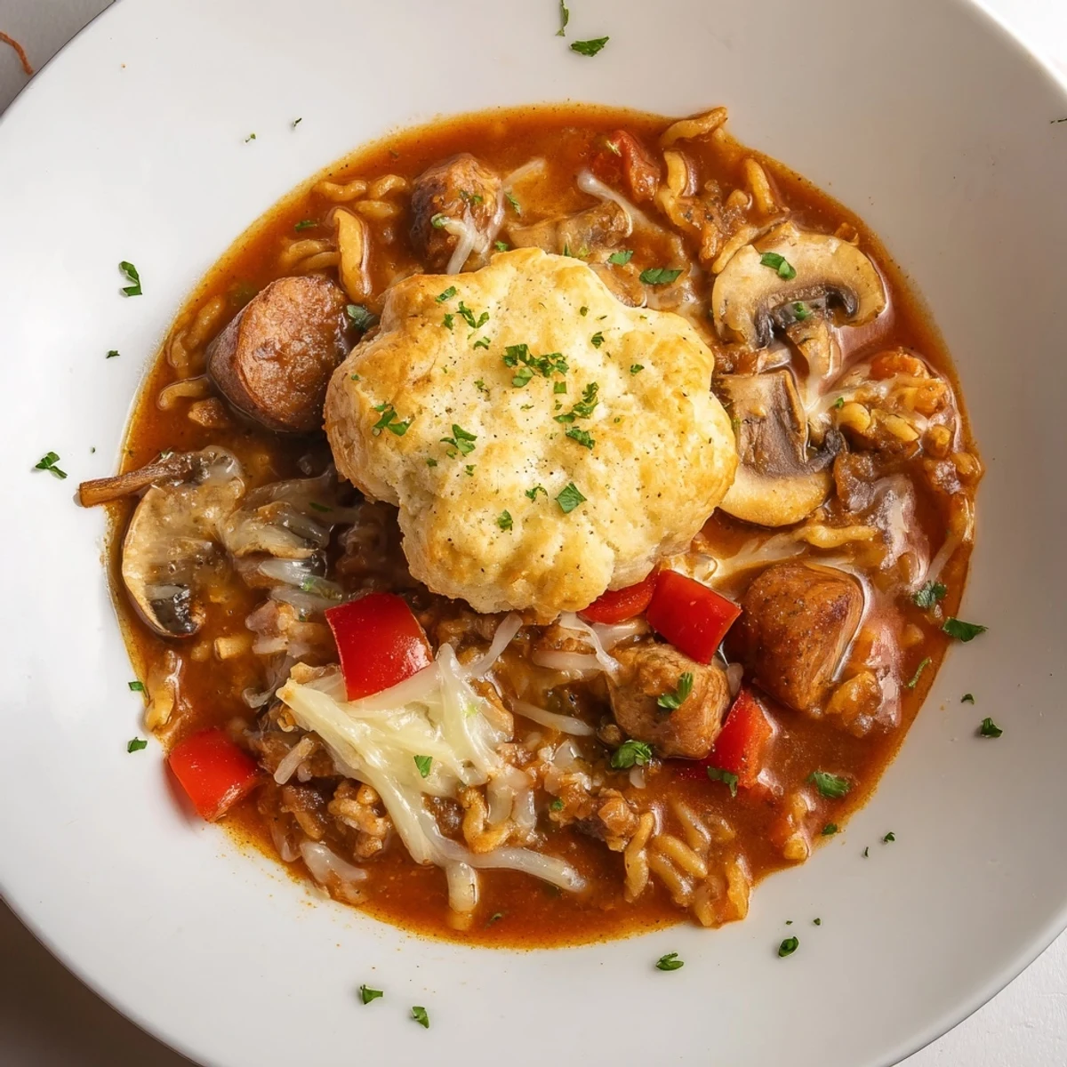 Steaming Pizza Pot Pie Soup mashup with melted cheese and a golden, bubbly bread crust topping.