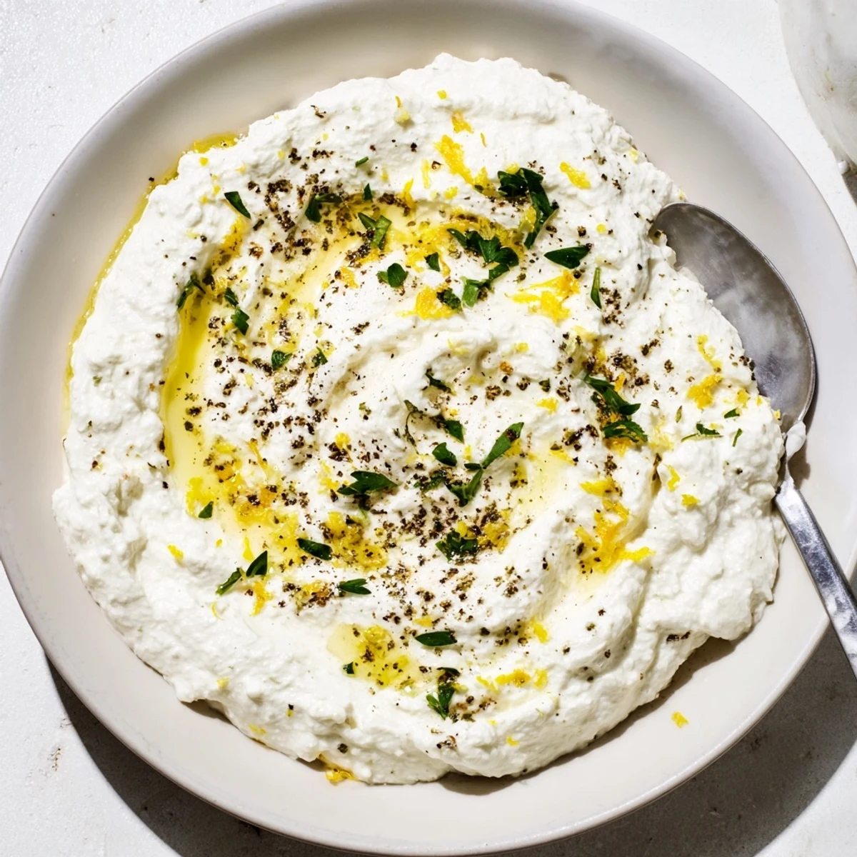 Creamy whipped feta dip, speckled with herbs, ready to scoop with warm pita bread.