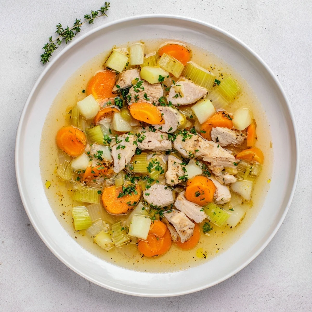 Steaming Stovetop Sausage, Celery, and Apple Hotpot with browned sausage and tender vegetables, ready to serve.