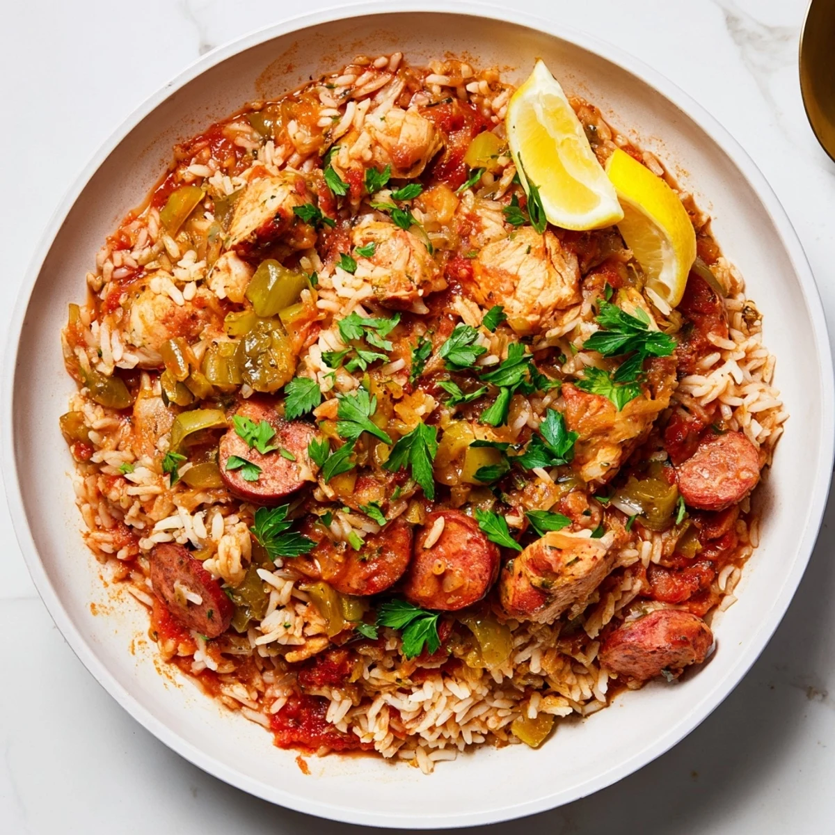 Steaming Simple Chicken and Sausage Jambalaya Bake, a vibrant, flavorful dish with herbs and rice.