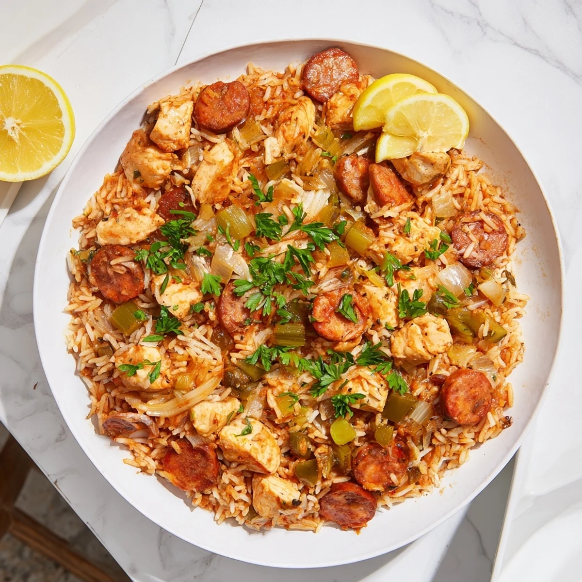 A delicious close-up of the Simple Chicken and Sausage Jambalaya Bake, highlighting the tender chicken and sausage.