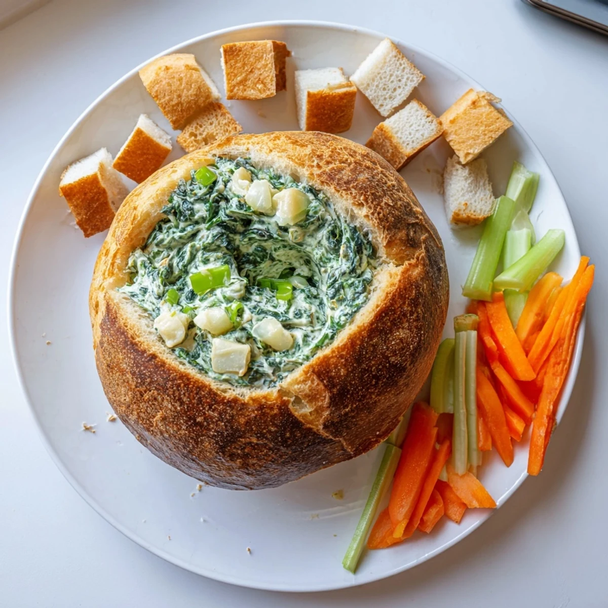 Creamy spinach dip in a bread bowl, perfect for sharing at parties with fresh veggie dippers.