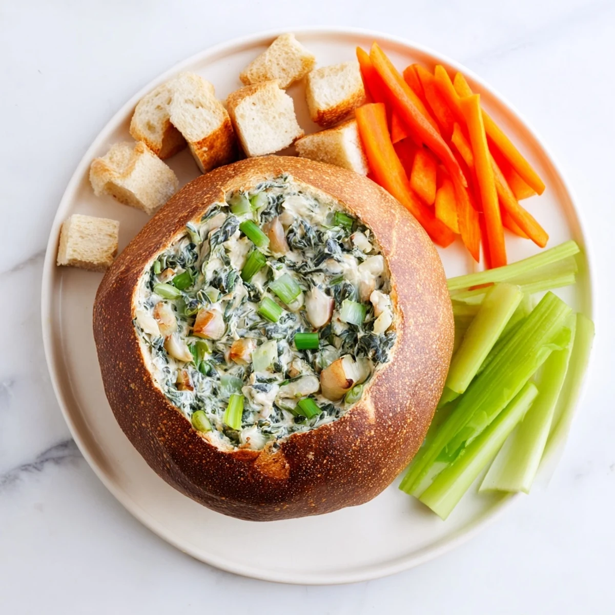 A close-up of The Best Spinach Dip Ever, scooped from a bread bowl, ready to enjoy.
