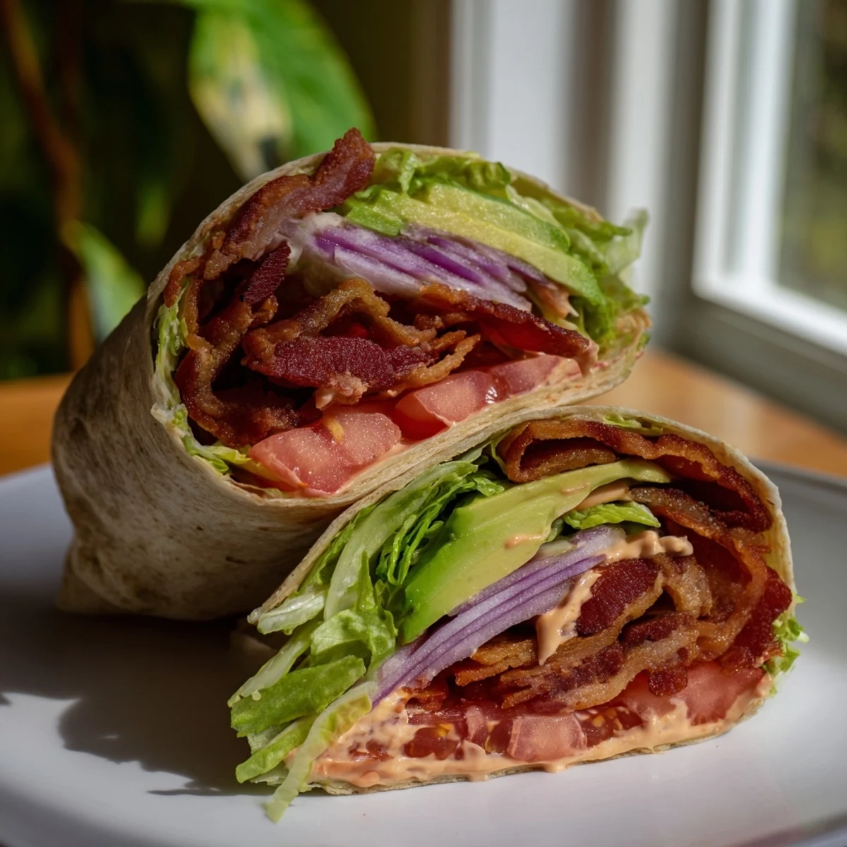 A close-up of Zesty BLT Wraps reveals a creamy chipotle mayo drizzle, inside a warm tortilla.