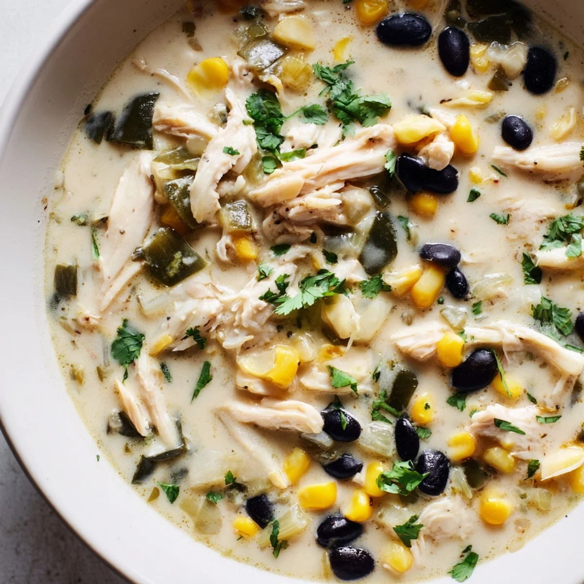 Steaming bowl of Chicken Poblano Soup, garnished with cilantro, ready for a comforting meal.