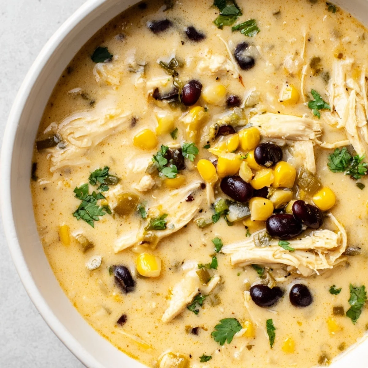 A close-up of creamy Chicken Poblano Soup, showcasing the tender chicken and poblano peppers.