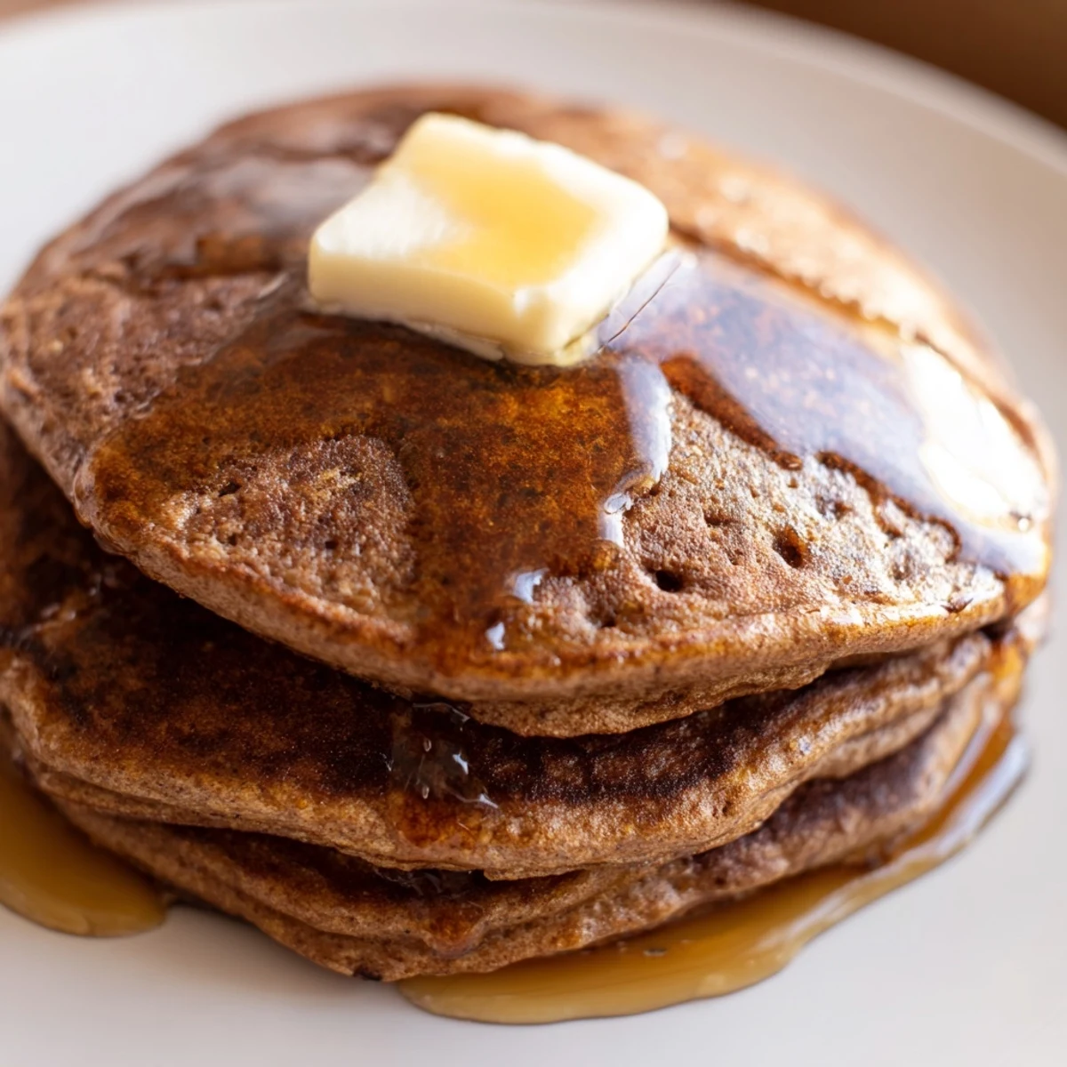 Warm gingerbread pancakes stacked high, showcasing their spiced aroma and inviting textures for holiday mornings.