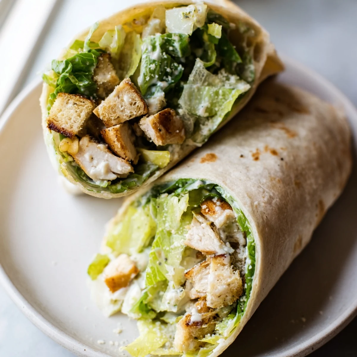 Freshly assembled Chicken Caesar Wraps, bursting with crisp lettuce and crunchy croutons.