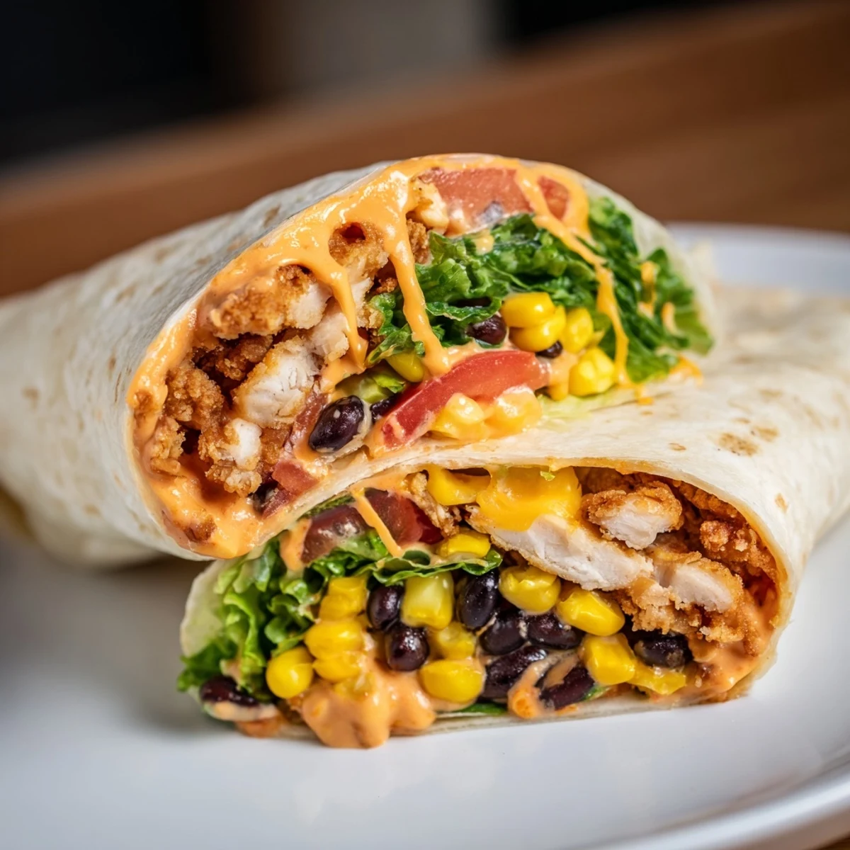 A delicious Southwest Chicken Wrap, filled with savory chicken and fresh, colorful veggies.