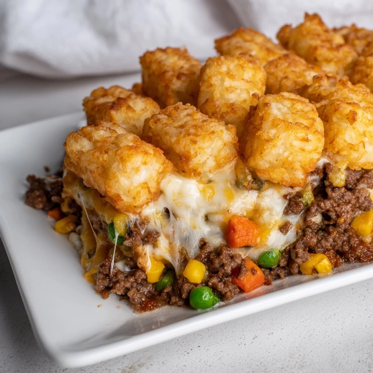 Warm and bubbly, the Quick Christmas Tater Tot Casserole features a savory ground beef base.