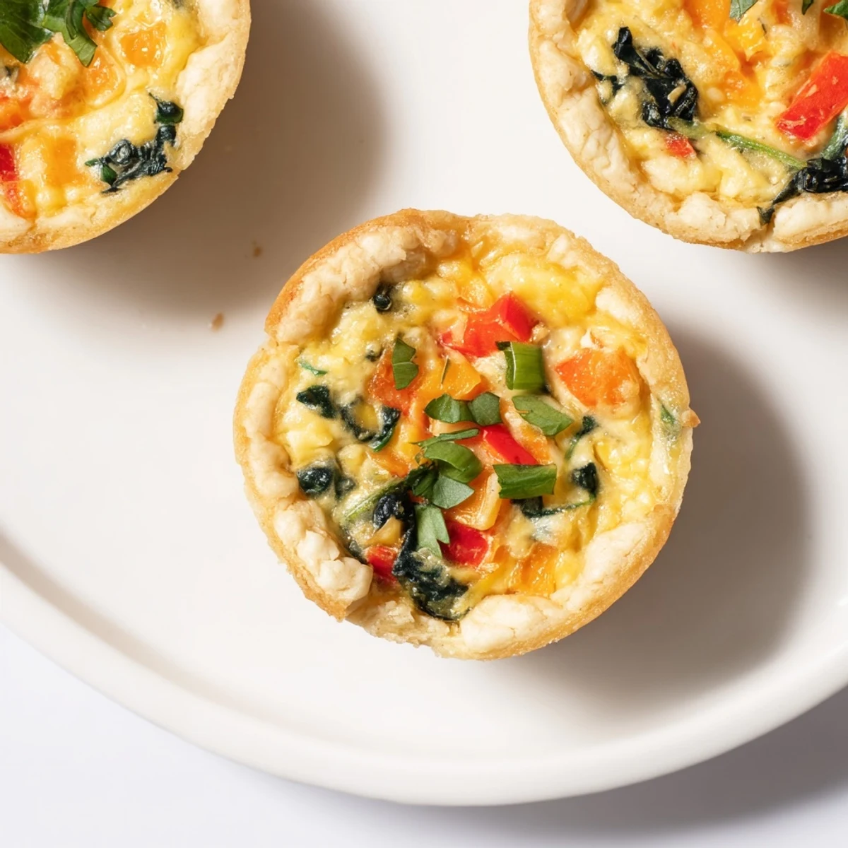 Golden-brown Easy Festive Mini Quiche Cups, with vibrant red pepper and cheesy filling spilling out.