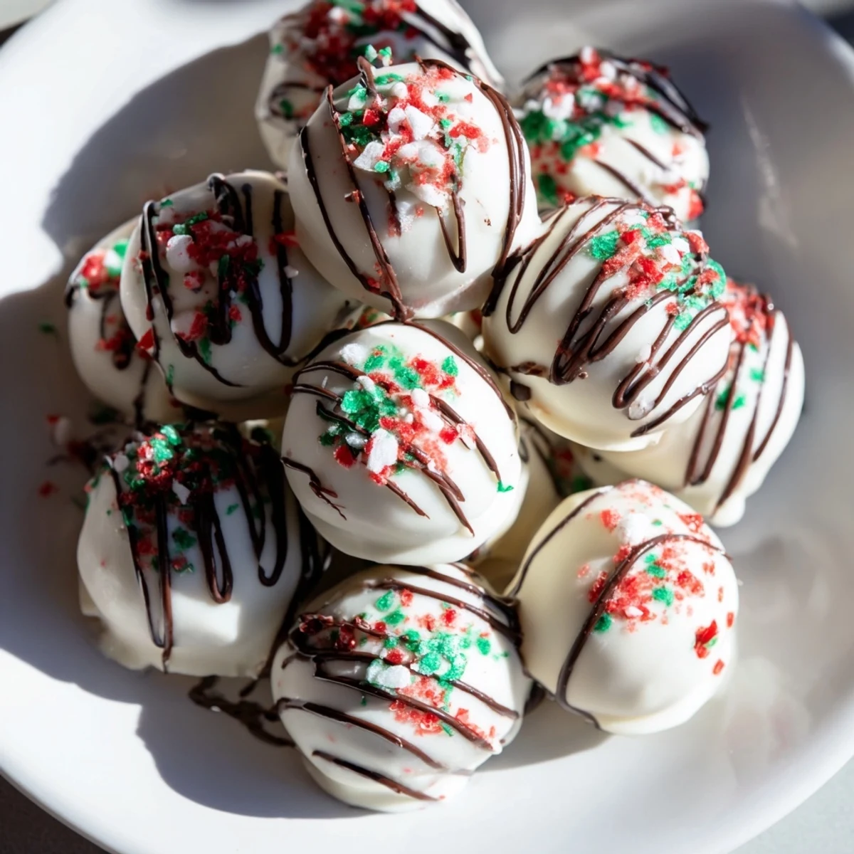 A plateful of homemade Simplified Christmas Oreo Truffles with dark chocolate drizzle and crushed candy cane topping.