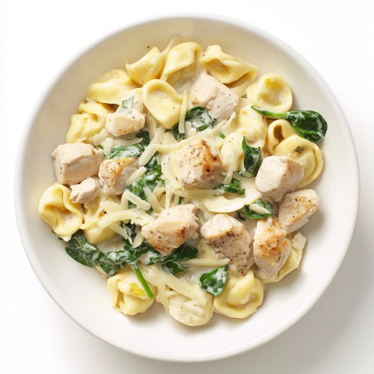 Rich Creamy Chicken and Spinach Tortellini, a satisfying pasta recipe, ready to serve with Parmesan.