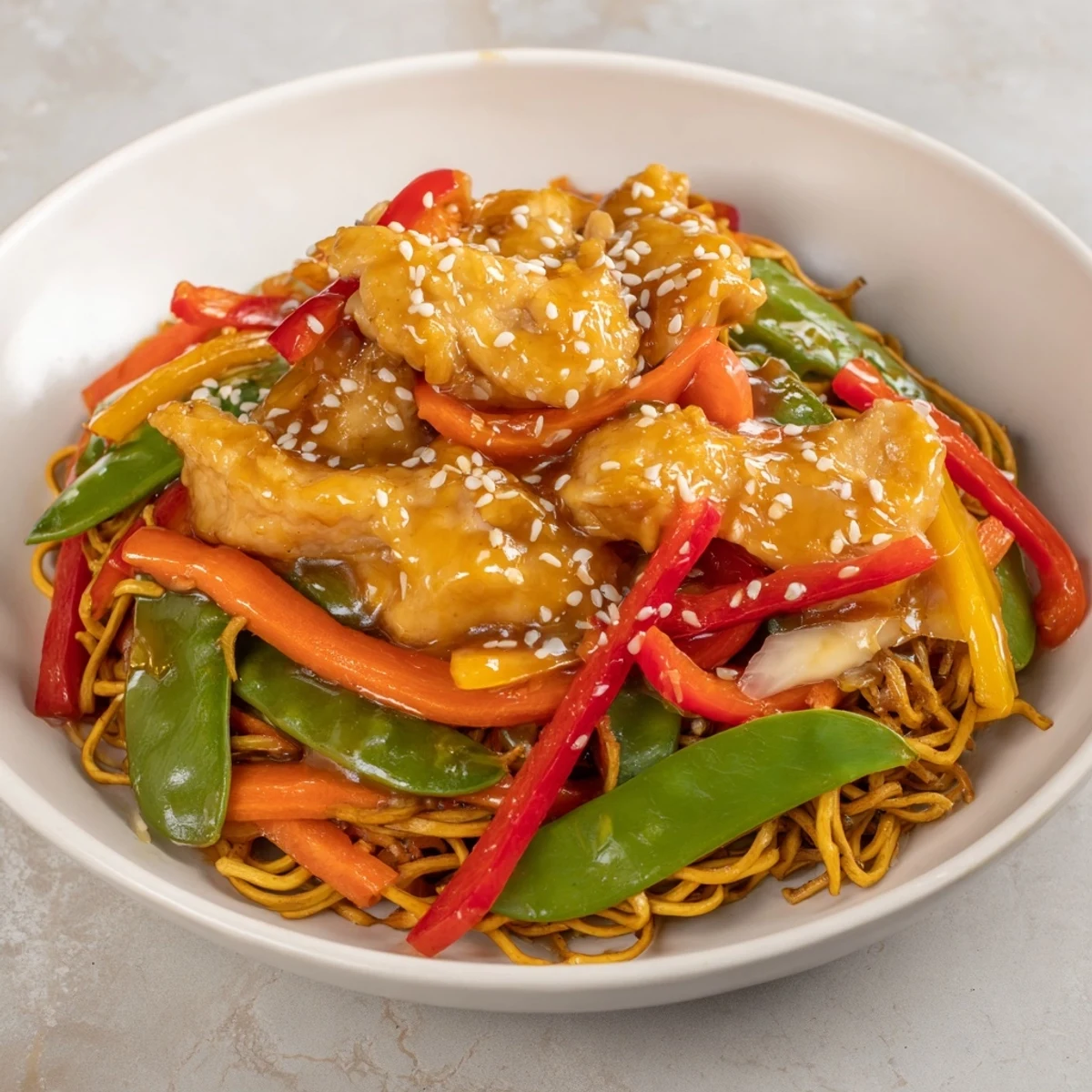 Tender chicken and noodles bathed in a savory lemon-garlic sauce make up this flavorful stir fry.