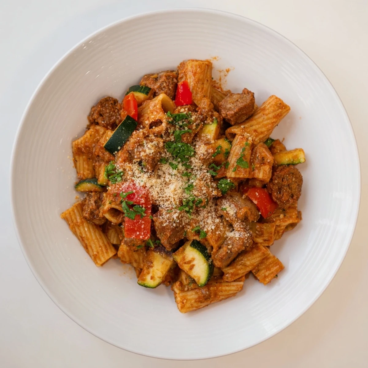 Golden, bubbly Spicy Vegan Chorizo Baked Pasta, a comforting vegan main dish, ready to serve.