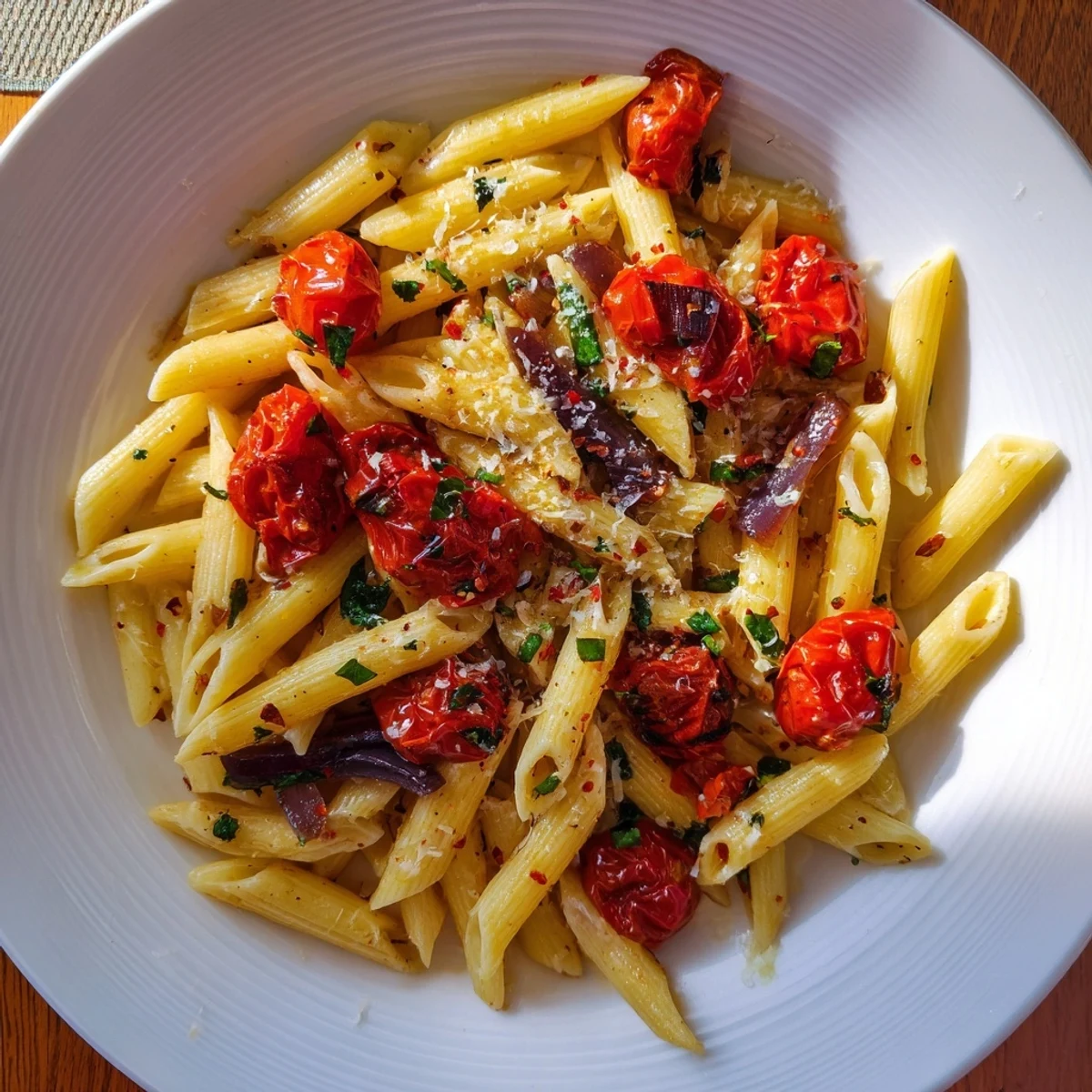 Baked Tomato & Olive Oil Pasta with glistening roasted tomatoes and fresh basil, a flavorful vegetarian meal.