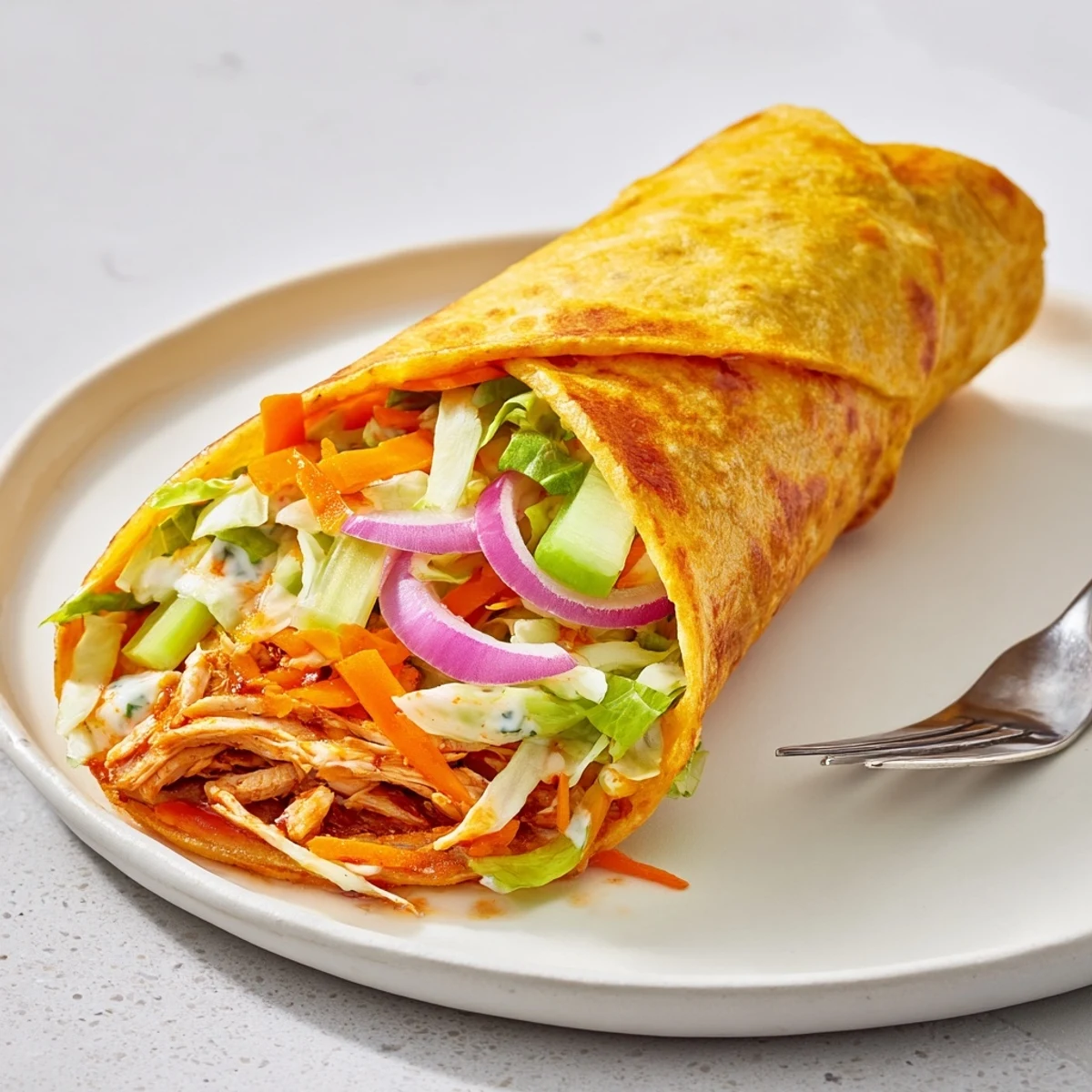 Air Fryer Buffalo Turkey Christmas Wraps are golden brown, filled with turkey and veggies.