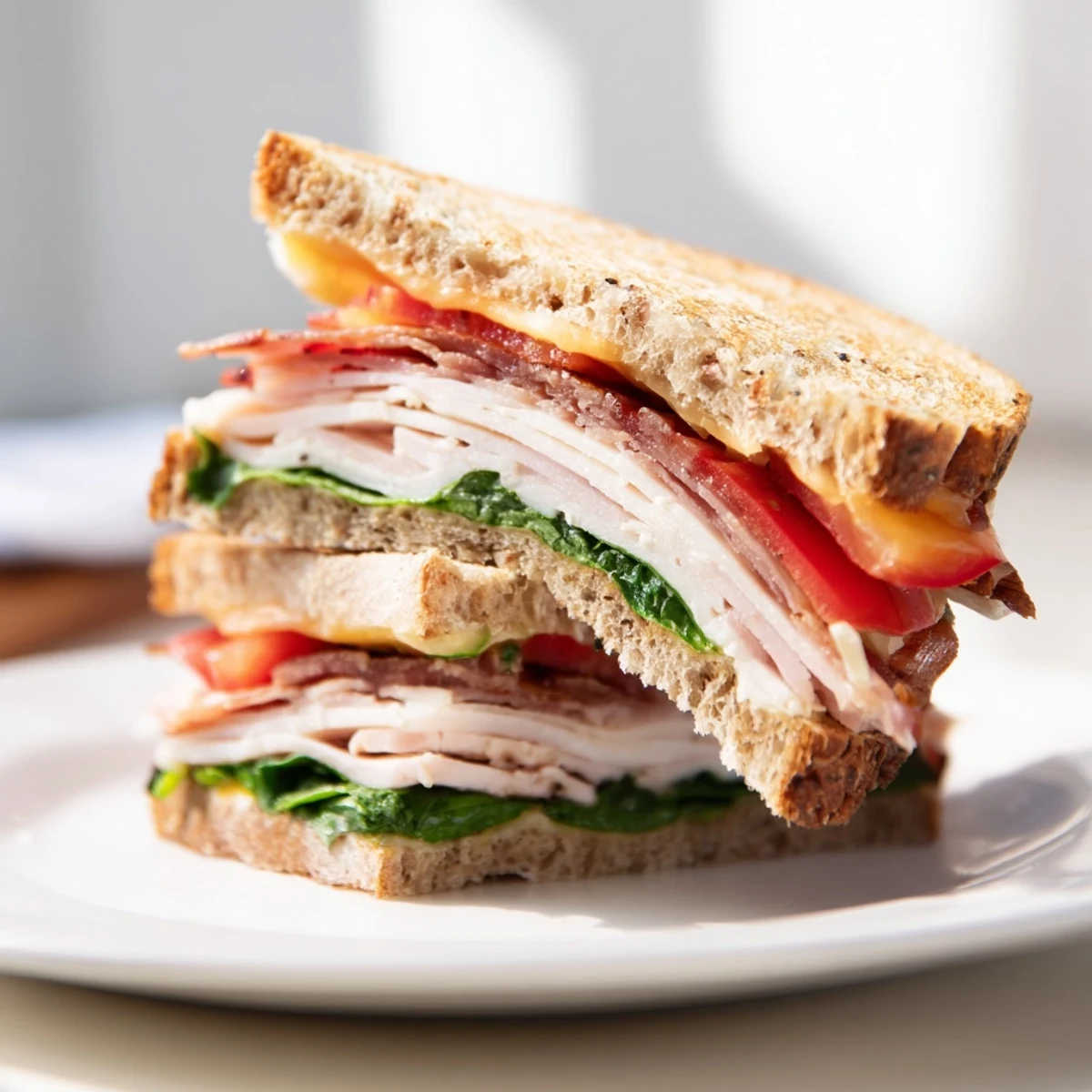 Golden-brown Turkey Bacon, Spinach & Tomato Protein Grilled Cheese, dripping with melted cheddar and ready to eat.