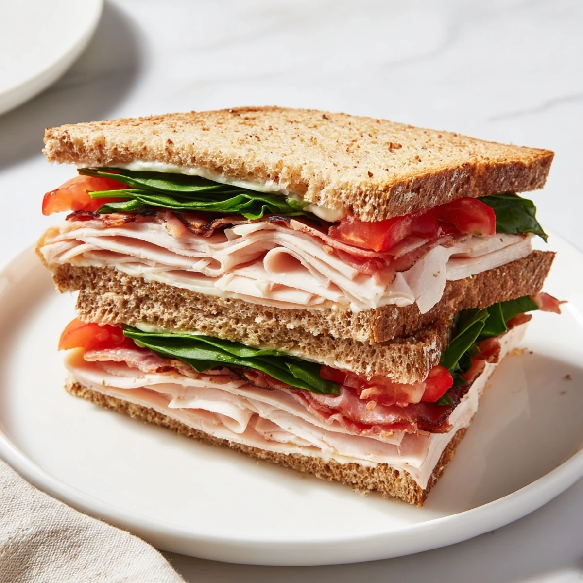 A close-up of a crispy Turkey Bacon, Spinach & Tomato Protein Grilled Cheese sandwich, sliced and steaming hot.