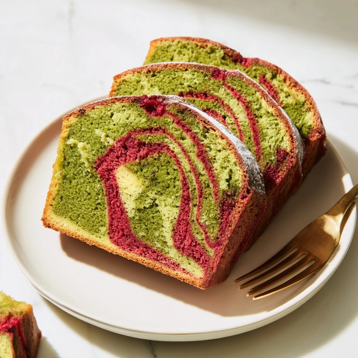 Swirled red and green matcha marble pound cake, moist and delicious, perfect for a festive occasion.