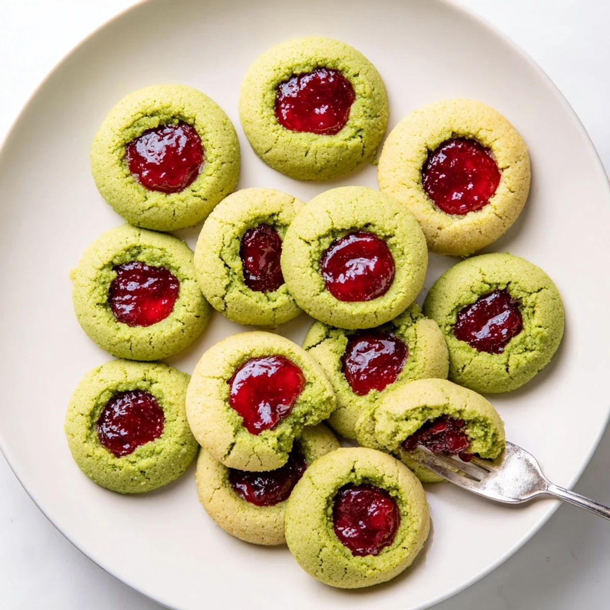 Freshly baked Matcha Cranberry Shortbread Thumbprint Cookies, perfect for sharing with friends and family.